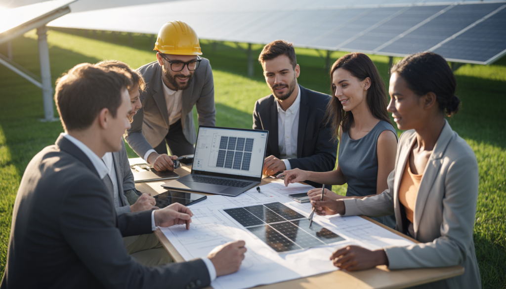 ideogram v3.0 a diverse team of professional engineers and designers collaborating outdoors in 0