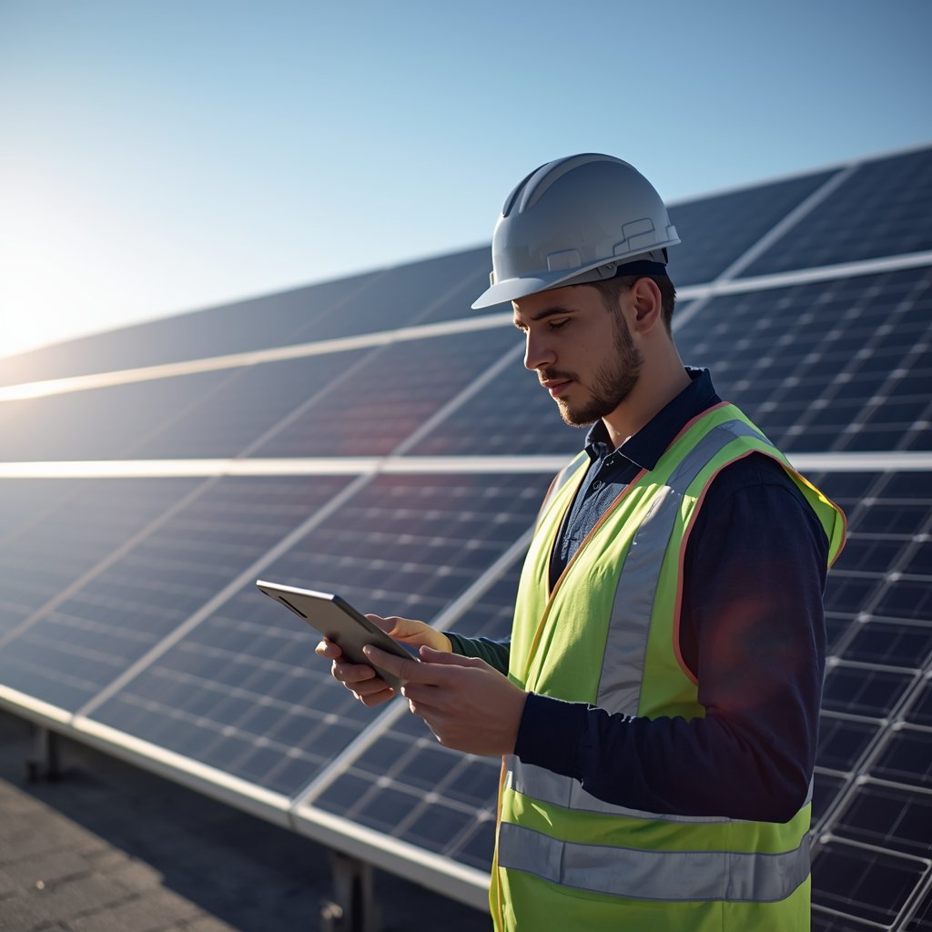 lucid origin a realistic high quality scene of a solar engineer using a tablet to monitor roo 0